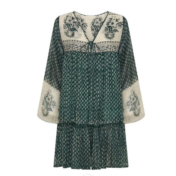 Daughters Of India Rooh Mini Dress Pine Long Sleeve Turquoise Medium Cotton - Picture 4 of 11